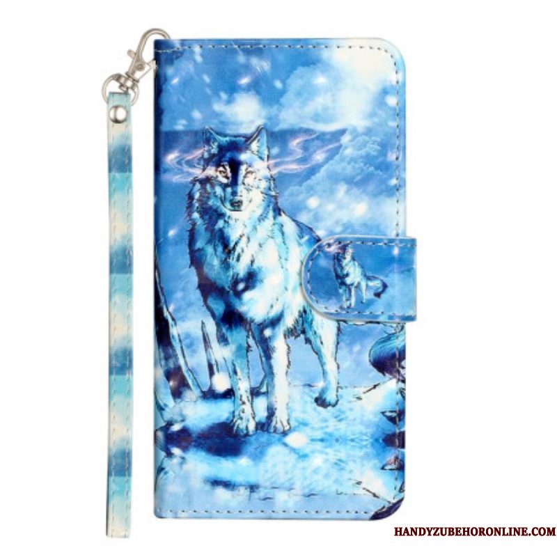 Leren Hoesje voor iPhone 15 Plus Met Ketting 3d Wolf Met Riem