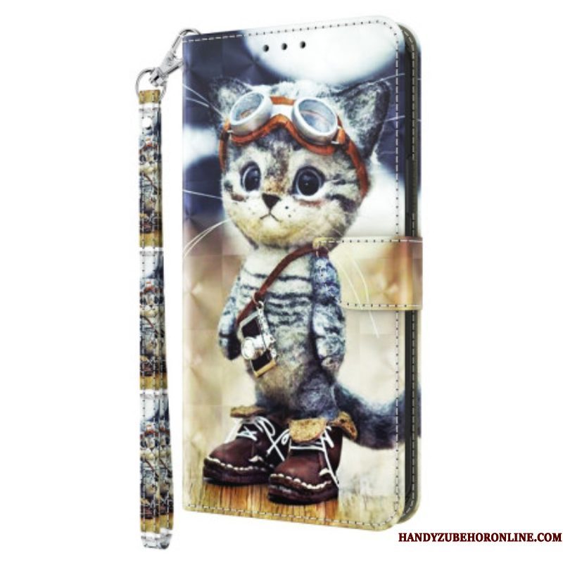 Leren Hoesje voor iPhone 15 Pro Max Met Ketting Vliegenier Kat Met Riem