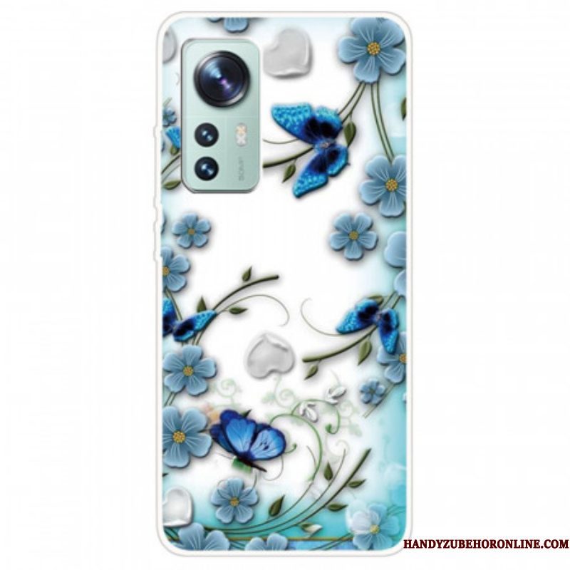 Telefoonhoesje voor Xiaomi 12 / 12X Blauwe Bloemen En Vlinders