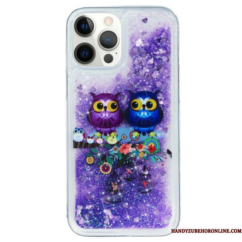 Telefoonhoesje voor iPhone 15 Pro Glitterpaar Uilen