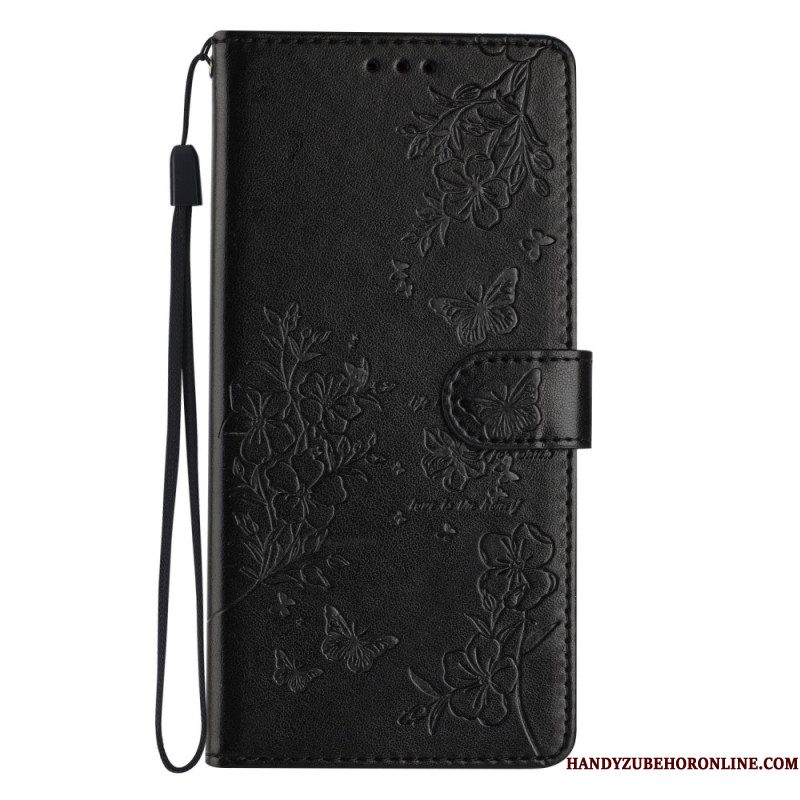 Bescherming Hoesje Samsung Galaxy S26 Plus Bloemen- En Vlinderontwerp En Sleutelkoord