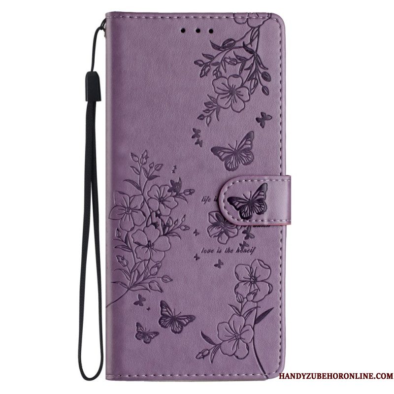Bescherming Hoesje Samsung Galaxy S26 Plus Bloemen- En Vlinderontwerp En Sleutelkoord