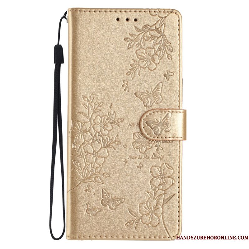 Bescherming Hoesje Samsung Galaxy S26 Plus Bloemen- En Vlinderontwerp En Sleutelkoord