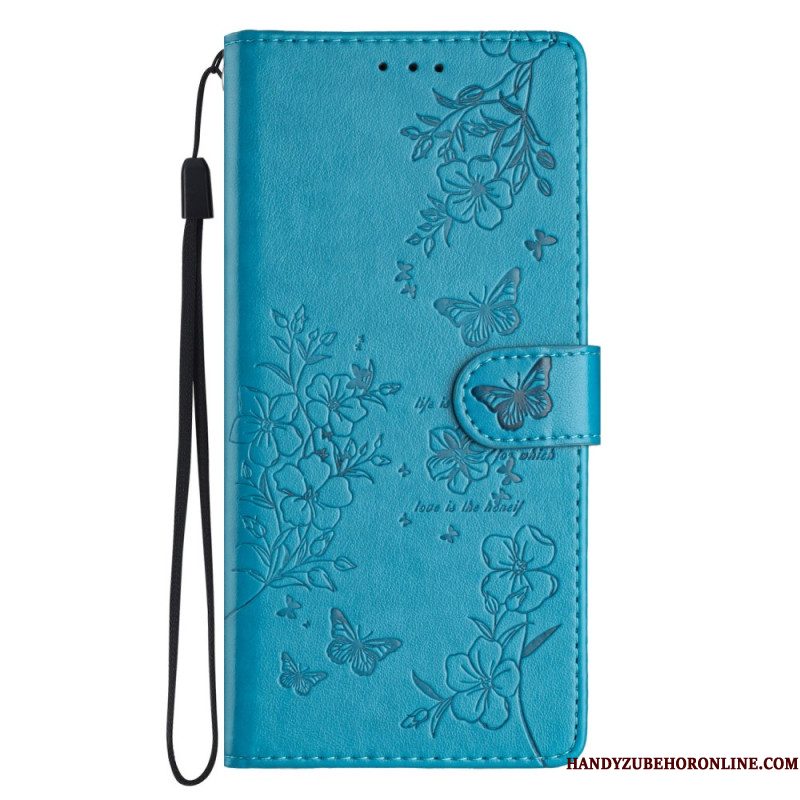 Bescherming Hoesje Samsung Galaxy S26 Plus Bloemen- En Vlinderontwerp En Sleutelkoord
