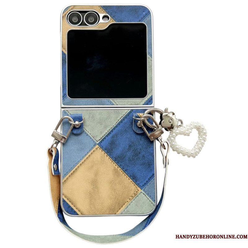 Case Hoesje Samsung Galaxy Z Flip 7 Fe Telefoonhoesje Diamantpatroon Met Bandje