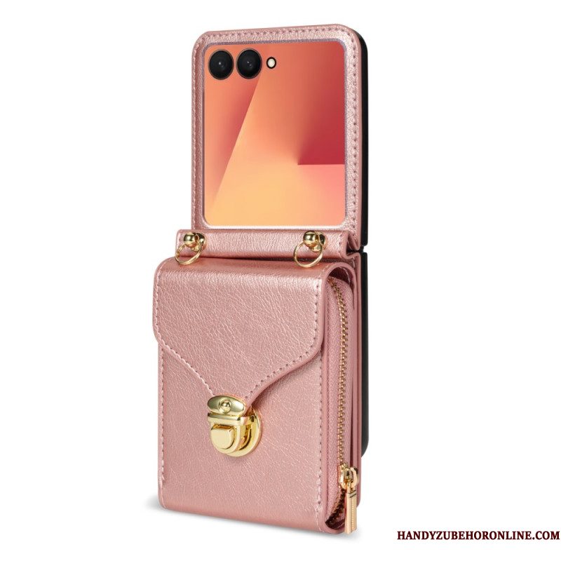 Cover Samsung Galaxy Z Flip 7 Portemonnee Met Rits En Schouderband