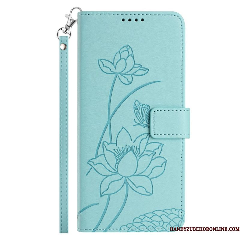 Flip Case Leren Samsung Galaxy S26 Plus Lotuspatroon Met Bandje