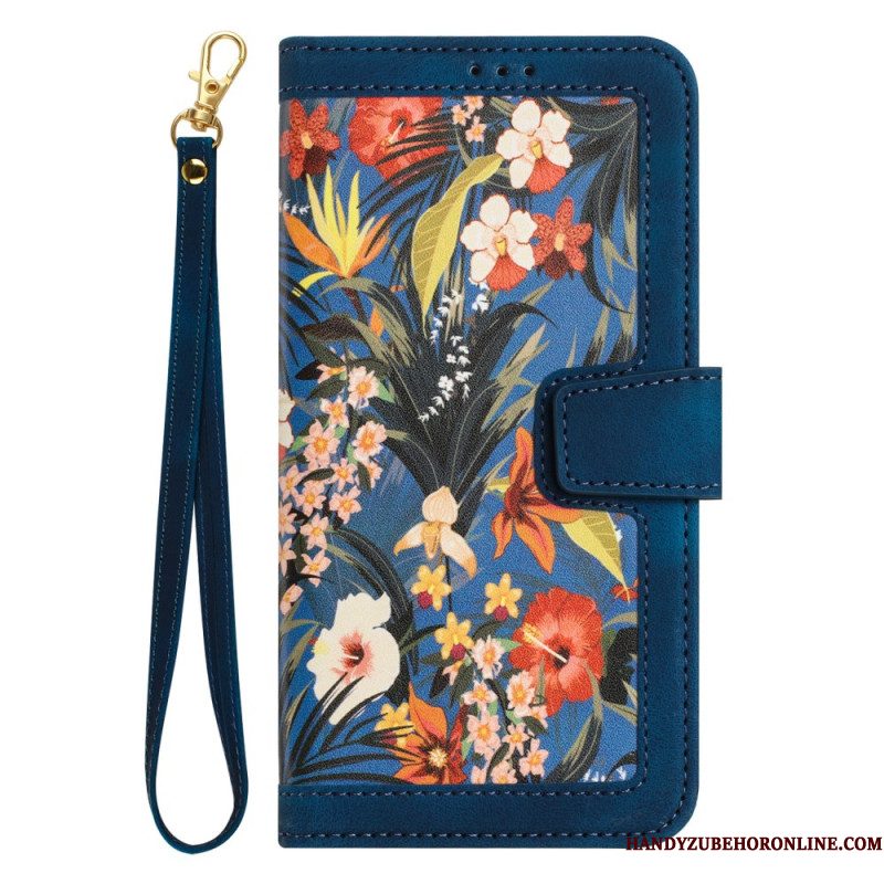 Flip Case Leren Sony Xperia 1 Vii Bloemenprint Met Bandje