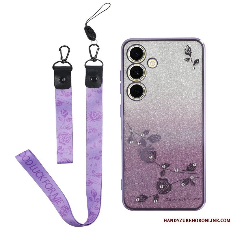 Hoesje Samsung Galaxy S26 Bloemen En Strass-steentjes Met Kadem-bandje