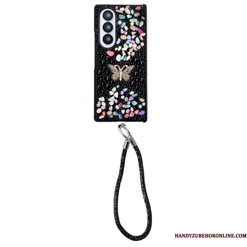 Hoesje Samsung Galaxy Z Fold 7 Vlinder Met Strasssteentjes En Riem Bescherming Hoesje