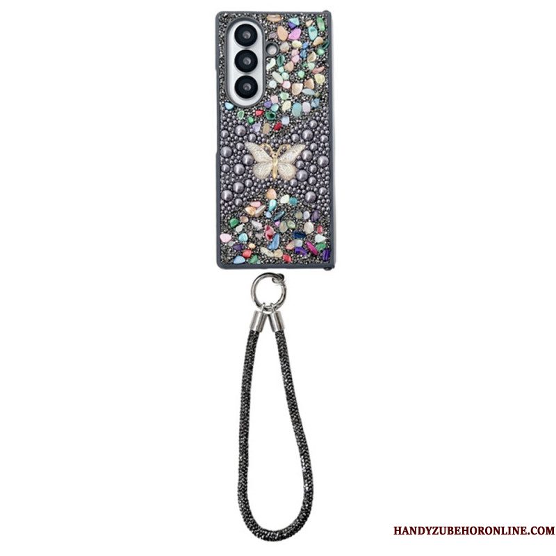 Hoesje Samsung Galaxy Z Fold 7 Vlinder Met Strasssteentjes En Riem Bescherming Hoesje