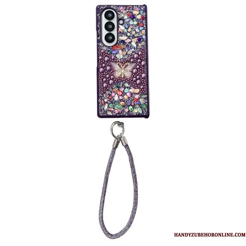 Hoesje Samsung Galaxy Z Fold 7 Vlinder Met Strasssteentjes En Riem Bescherming Hoesje
