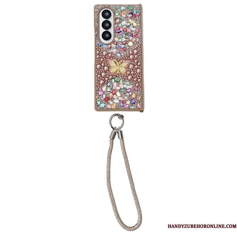 Hoesje Samsung Galaxy Z Fold 7 Vlinder Met Strasssteentjes En Riem Bescherming Hoesje