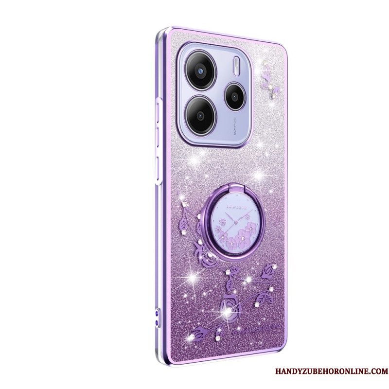 Hoesje Voor Xiaomi Redmi Note 14 4g Ringhouder Met Strass-steentjes En Bloemen