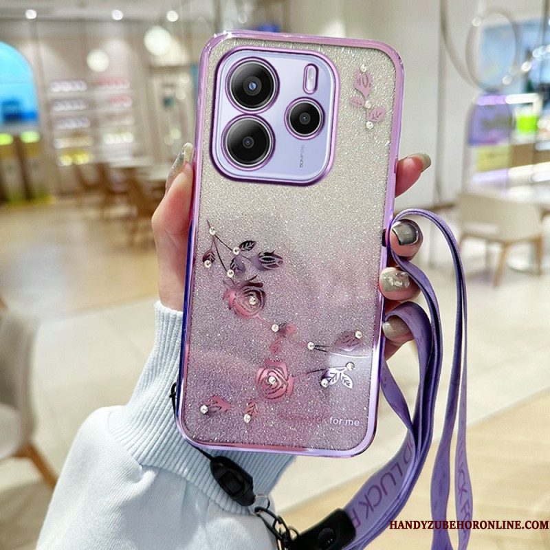 Hoesje Voor Xiaomi Redmi Note 14 4g Strass-steentjes En Bloemen Met Koord