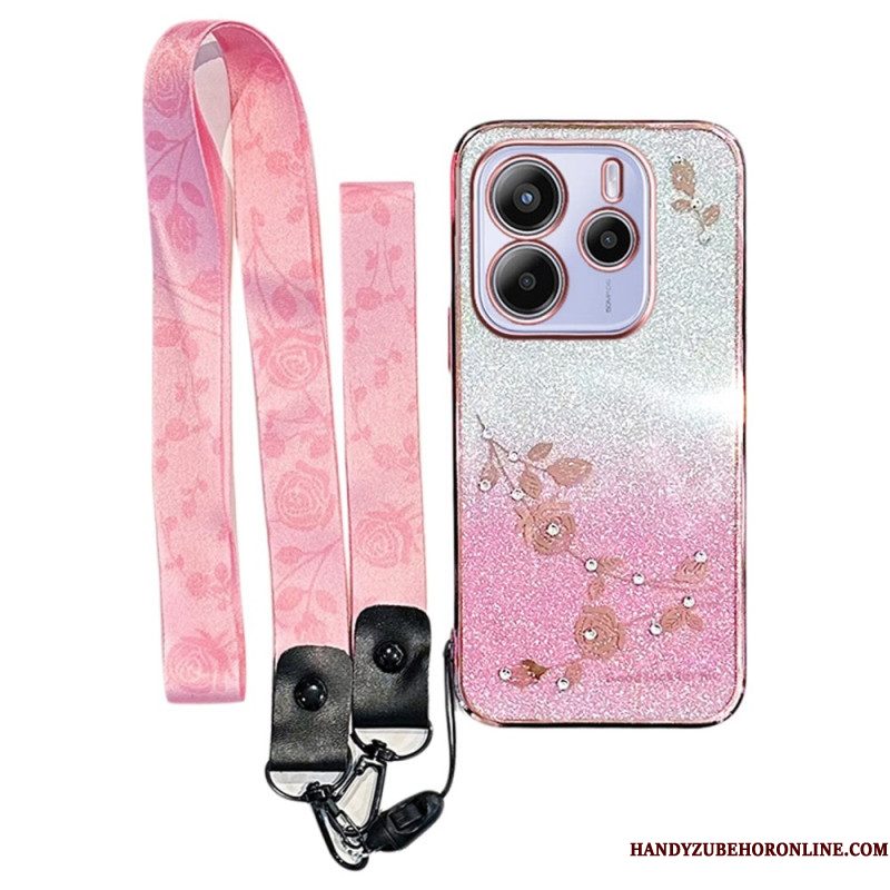 Hoesje Voor Xiaomi Redmi Note 14 4g Strass-steentjes En Bloemen Met Koord