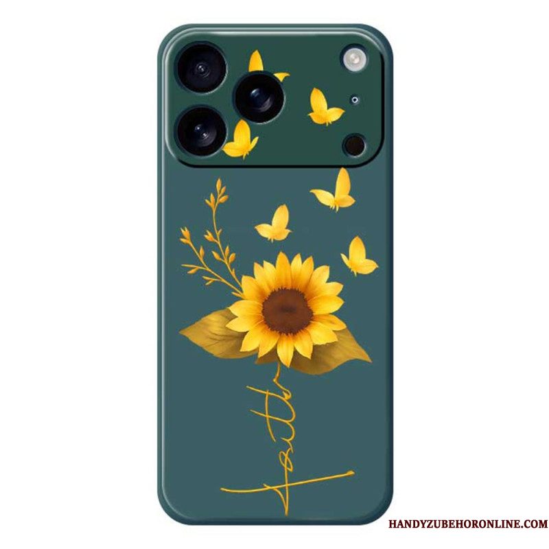 Hoesje iPhone 17 Pro Vloeibare Siliconen Met Zonnebloem En Vlinders Bescherming Hoesje