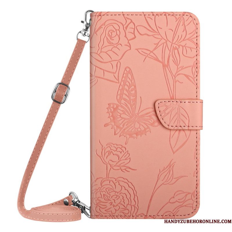Leren Hoesje Samsung Galaxy S25 Fe Schouderband Met Vlinderprint Bescherming Hoesje
