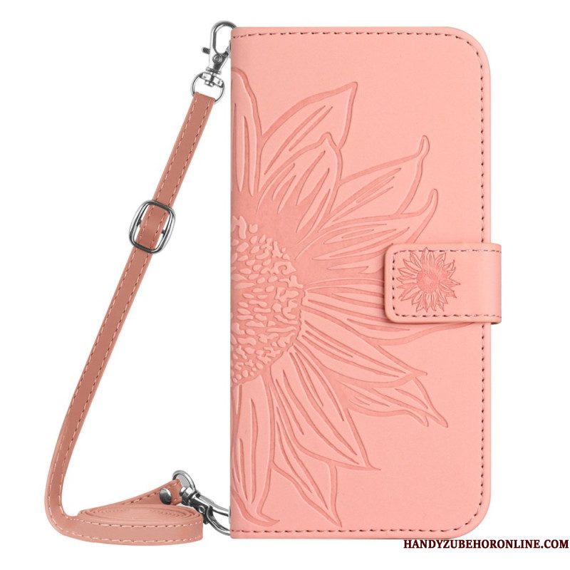 Leren Hoesje Samsung Galaxy S25 Fe Schouderband Met Zonnebloemprint Bescherming Hoesje