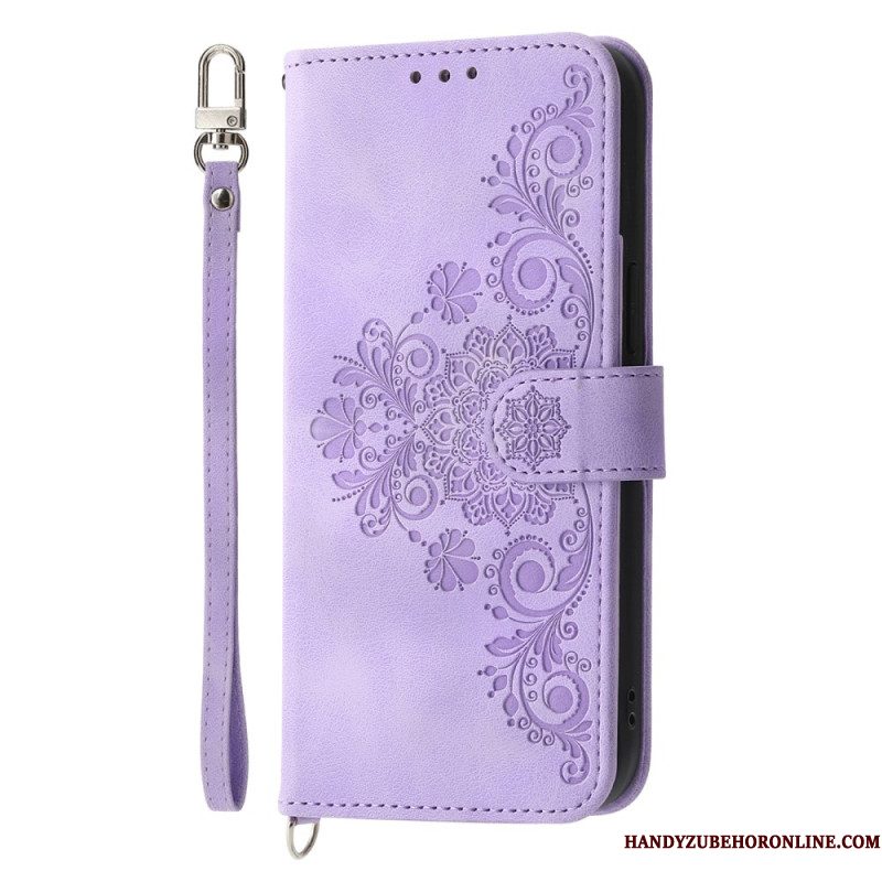 Leren Hoesje Samsung Galaxy S25 Plus 5g Bloemenpatroon En Bandjes Bescherming Hoesje