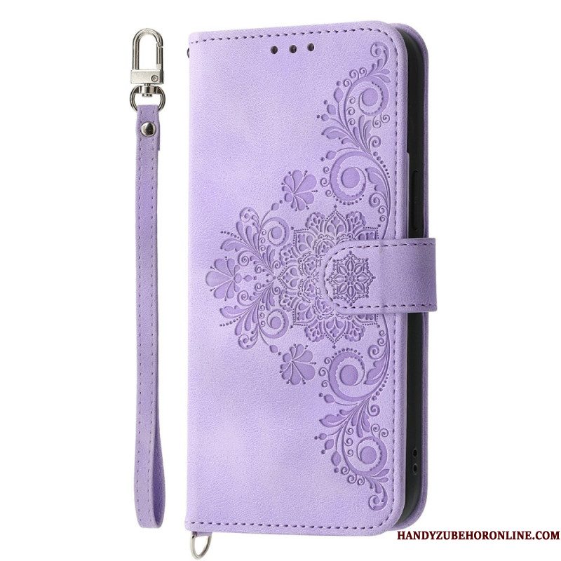 Leren Hoesje Samsung Galaxy S26 Bloemenpatroon Met Suède-effect En Bandjes Bescherming Hoesje