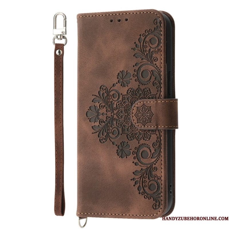 Leren Hoesje Samsung Galaxy S26 Bloemenpatroon Met Suède-effect En Bandjes Bescherming Hoesje