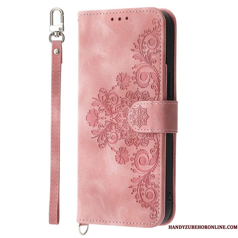 Leren Hoesje Voor Samsung Galaxy S25 Fe Kantprint Met Bandje En Schouderband
