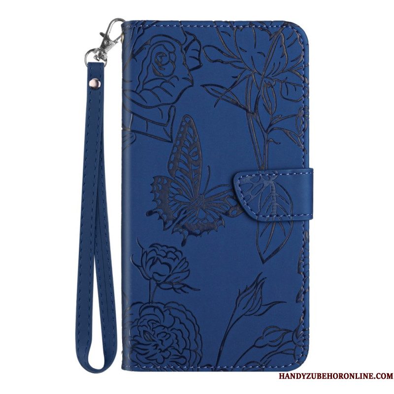 Leren Hoesje Voor Samsung Galaxy S26 Ultra Bandje Met Vlinderprint