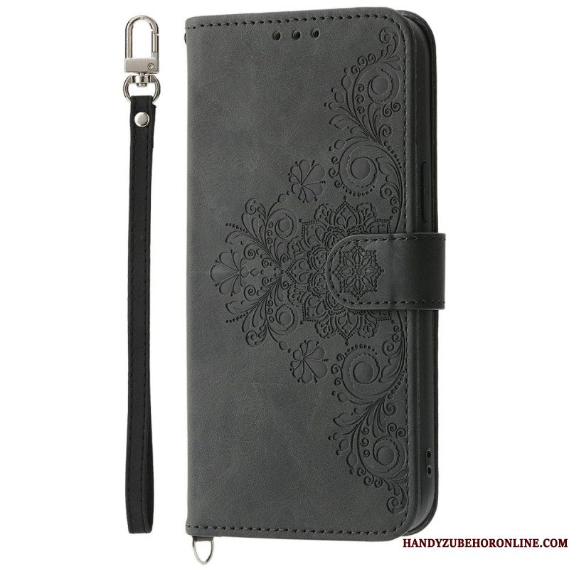 Leren Hoesje Voor Xiaomi 15 Pro Suède-effect Bloemenpatroon Met Bandje En Schouderriem