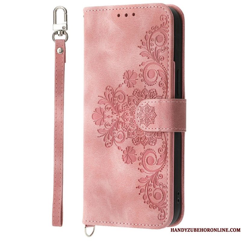Leren Hoesje Voor Xiaomi 15 Pro Suède-effect Bloemenpatroon Met Bandje En Schouderriem