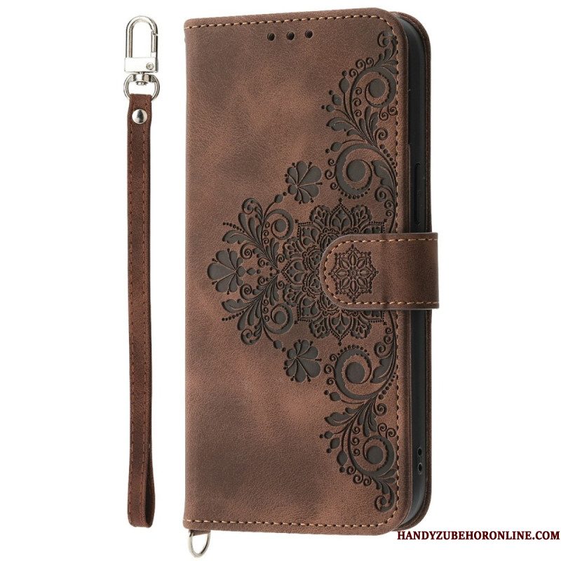 Leren Hoesje Voor Xiaomi 15 Pro Suède-effect Bloemenpatroon Met Bandje En Schouderriem