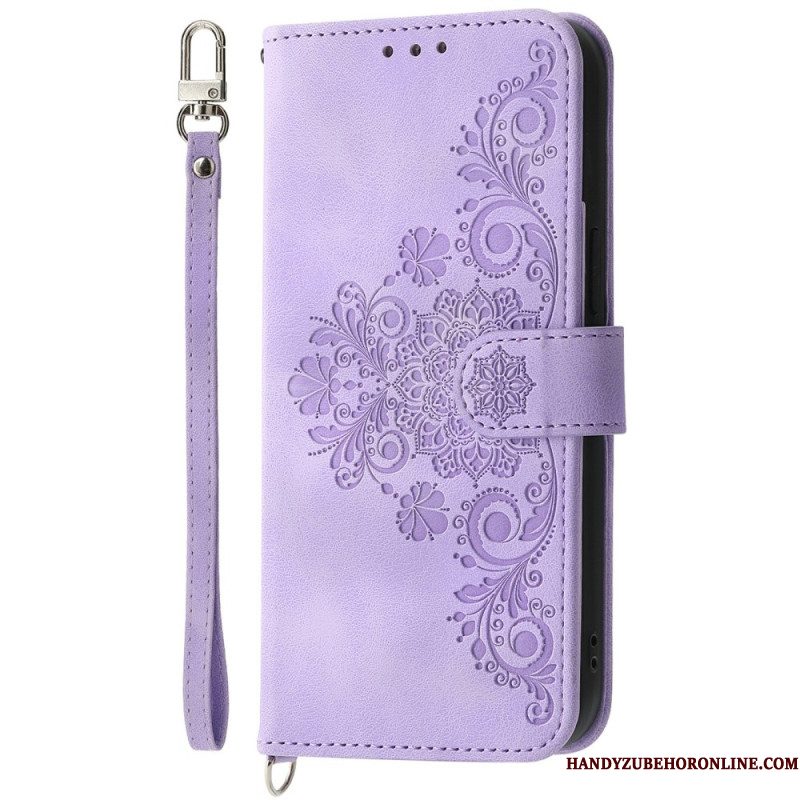 Leren Hoesje Voor Xiaomi 15 Pro Suède-effect Bloemenpatroon Met Bandje En Schouderriem