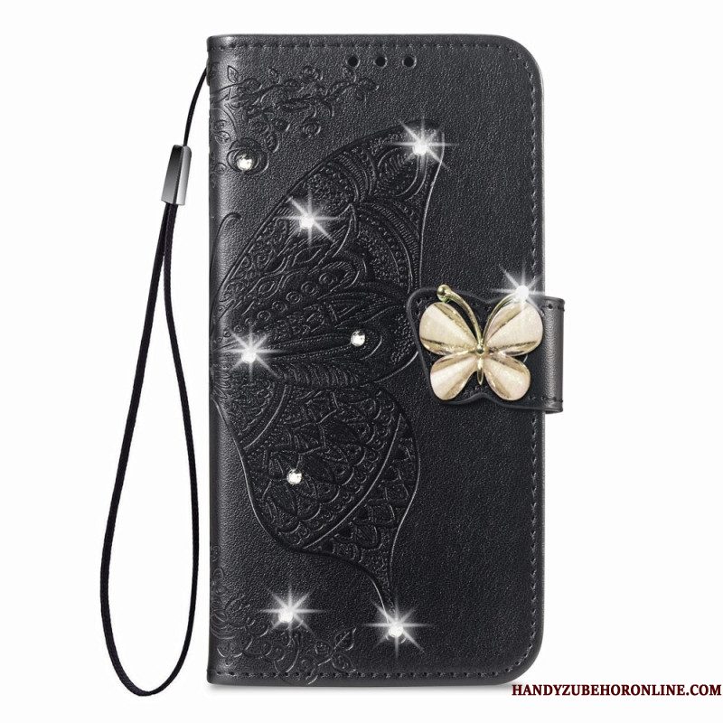 Leren Hoesje Voor Xiaomi 17 3d-vlinder En Strass-steentjes