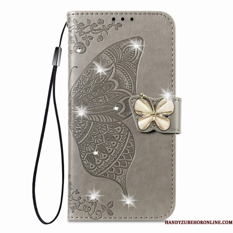 Leren Hoesje Voor Xiaomi 17 3d-vlinder En Strass-steentjes