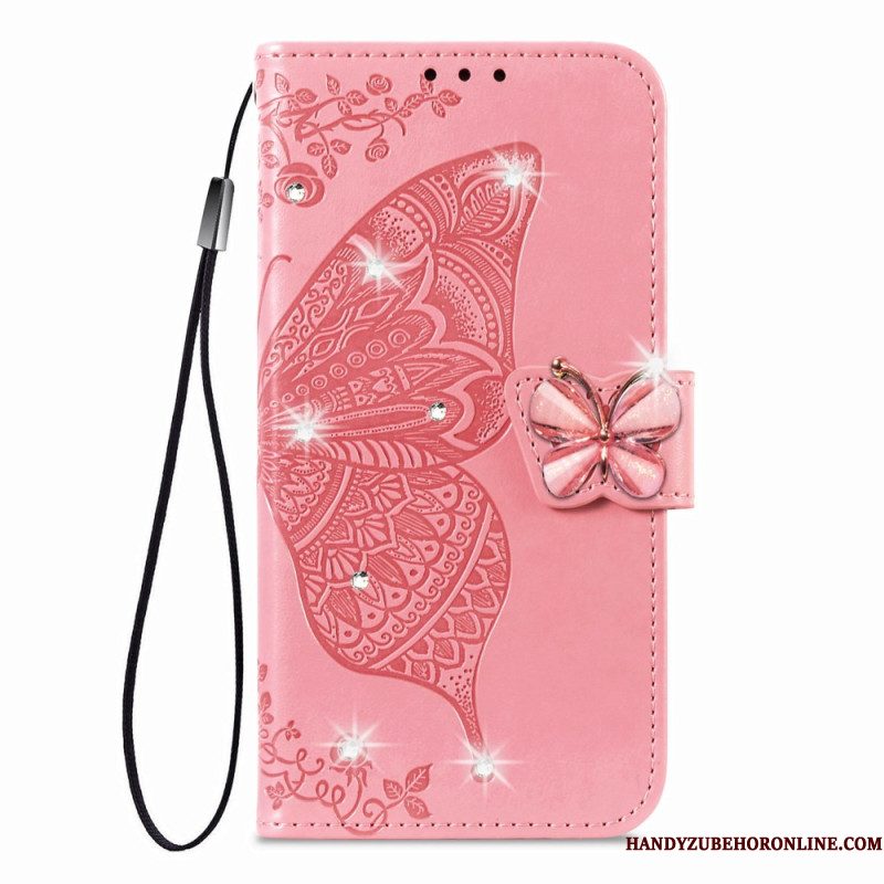 Leren Hoesje Voor Xiaomi 17 3d-vlinder En Strass-steentjes