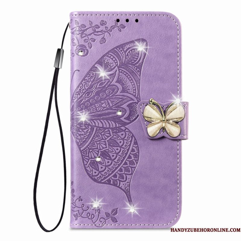 Leren Hoesje Voor Xiaomi 17 3d-vlinder En Strass-steentjes