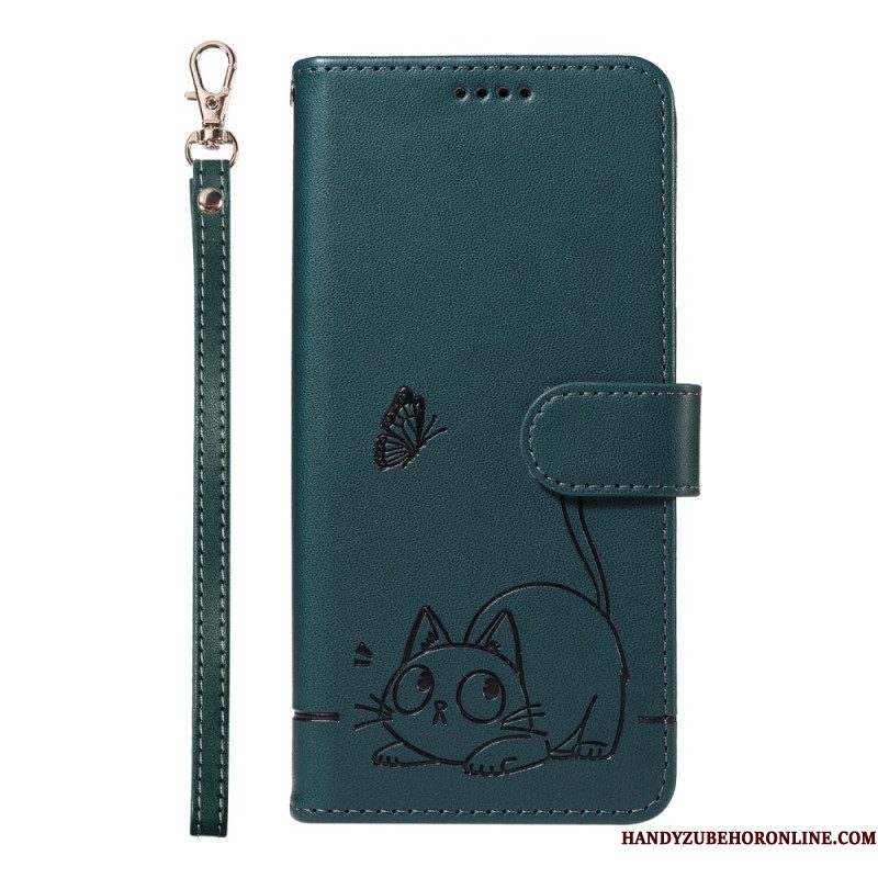 Leren Hoesje Voor Xiaomi Redmi Note 14 4g Leuke Kat Met Bandje