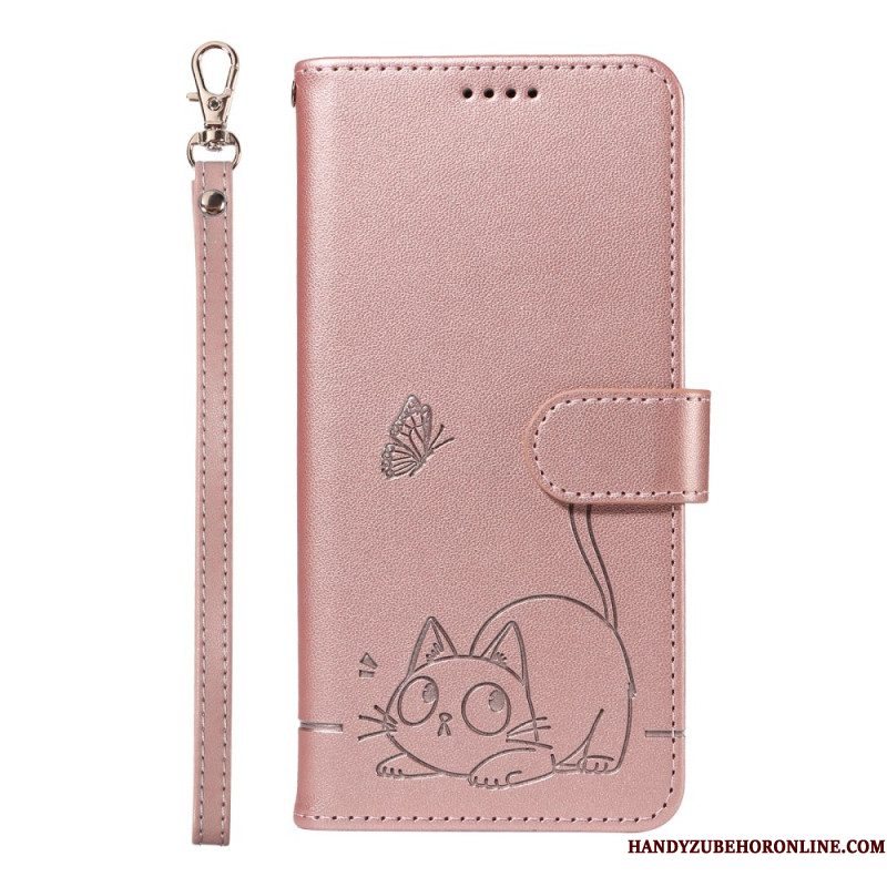 Leren Hoesje Voor Xiaomi Redmi Note 14 4g Leuke Kat Met Bandje