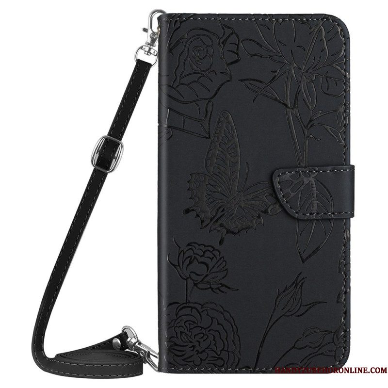 Leren Hoesje Voor Xiaomi Redmi Note 14 4g Schouderband Met Vlinderprint