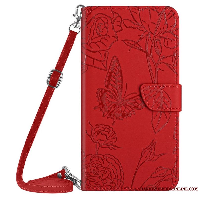 Leren Hoesje Voor Xiaomi Redmi Note 14 4g Schouderband Met Vlinderprint