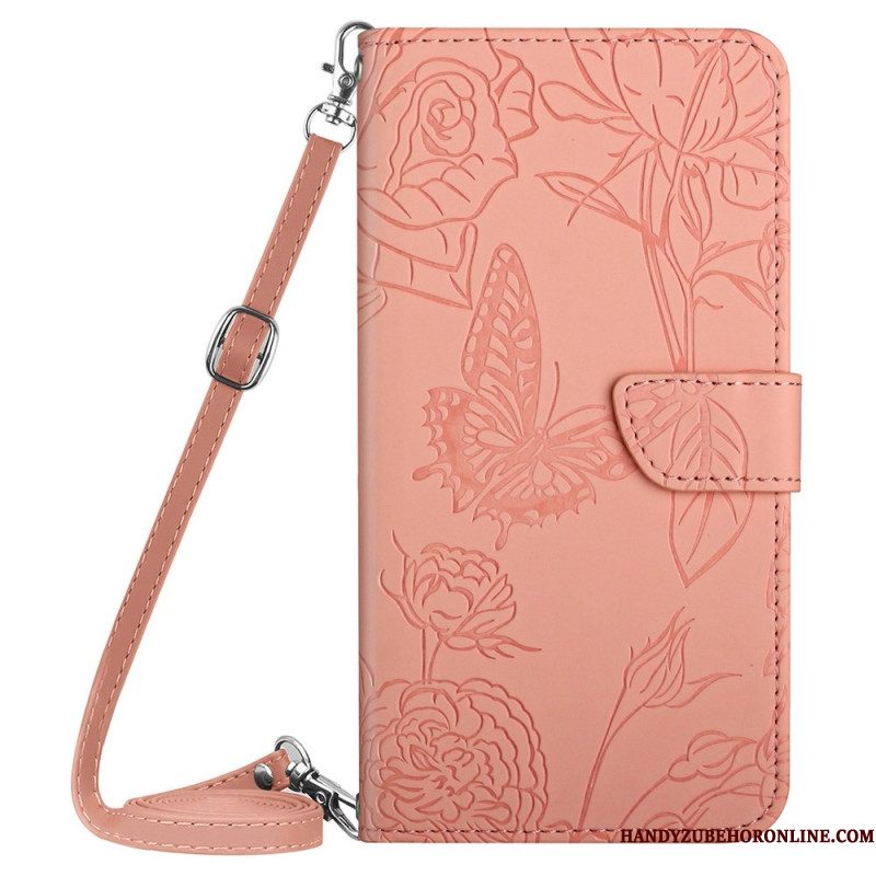 Leren Hoesje Voor Xiaomi Redmi Note 14 4g Schouderband Met Vlinderprint
