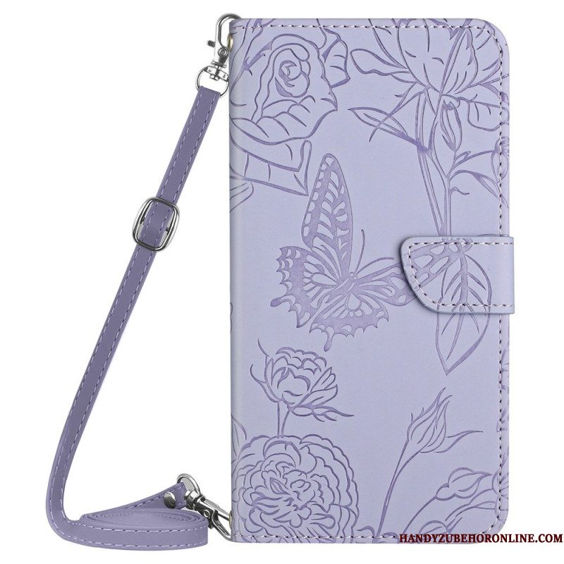 Leren Hoesje Voor Xiaomi Redmi Note 14 4g Schouderband Met Vlinderprint