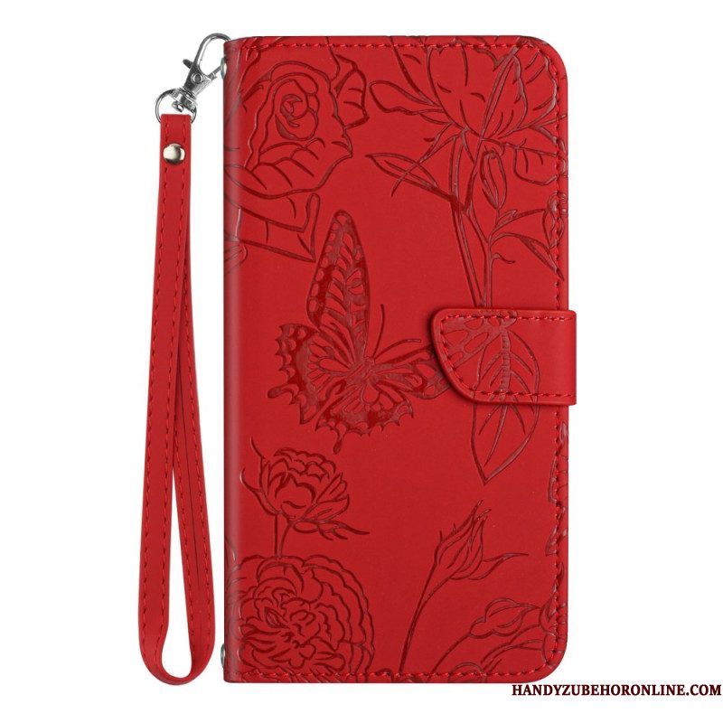 Leren Hoesje Voor Xiaomi Redmi Note 14 4g Vlinderprint Met Bandje