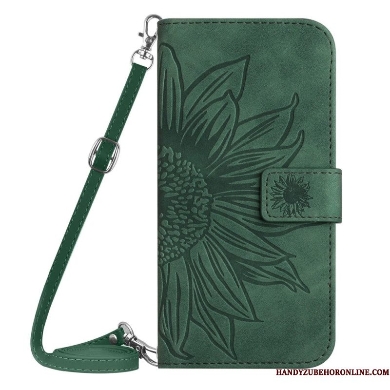 Leren Hoesje Voor Xiaomi Redmi Note 14 Pro 4g Schouderband Met Zonnebloemprint