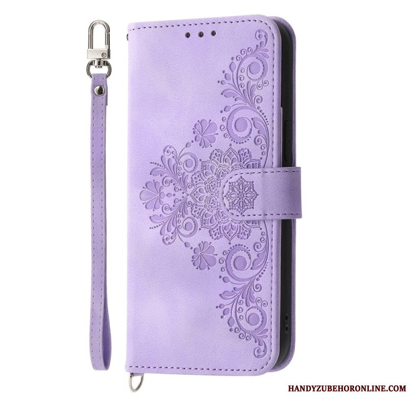Leren Hoesje Voor Xiaomi Redmi Note 14 Pro 5g Kantpatroon Met Bandje En Schouderband