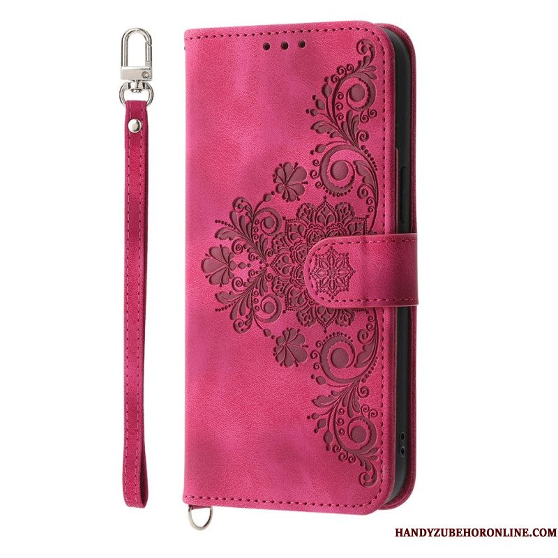 Leren Hoesje Voor Xiaomi Redmi Note 14 Pro 5g Kantpatroon Met Bandje En Schouderband