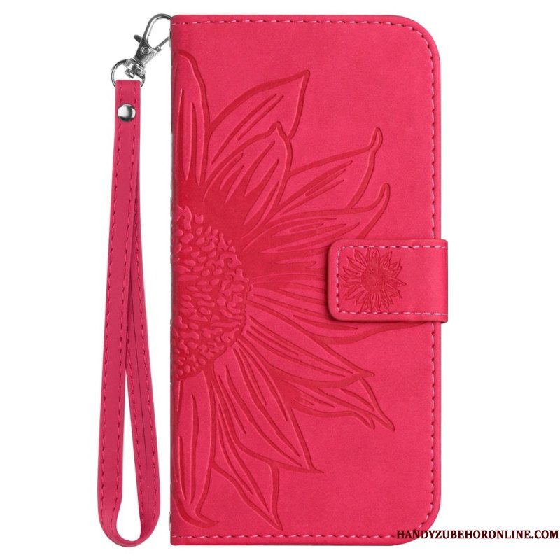 Leren Hoesje Xiaomi Redmi Note 14 4g Zonnebloemprint Met Koord Bescherming Hoesje