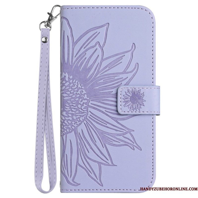 Leren Hoesje Xiaomi Redmi Note 14 4g Zonnebloemprint Met Koord Bescherming Hoesje