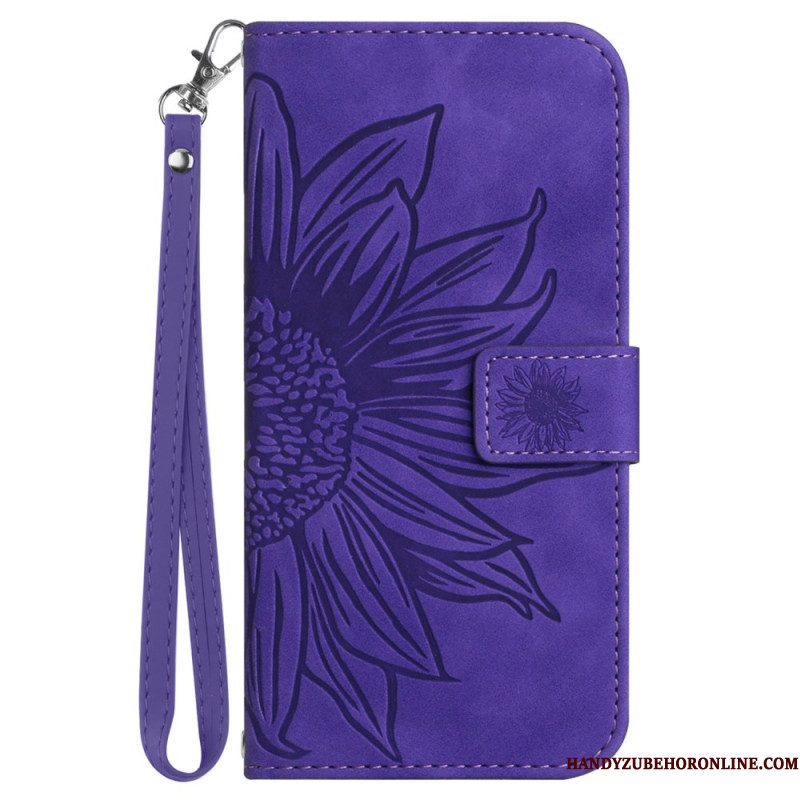 Leren Hoesje Xiaomi Redmi Note 14 4g Zonnebloemprint Met Koord Bescherming Hoesje