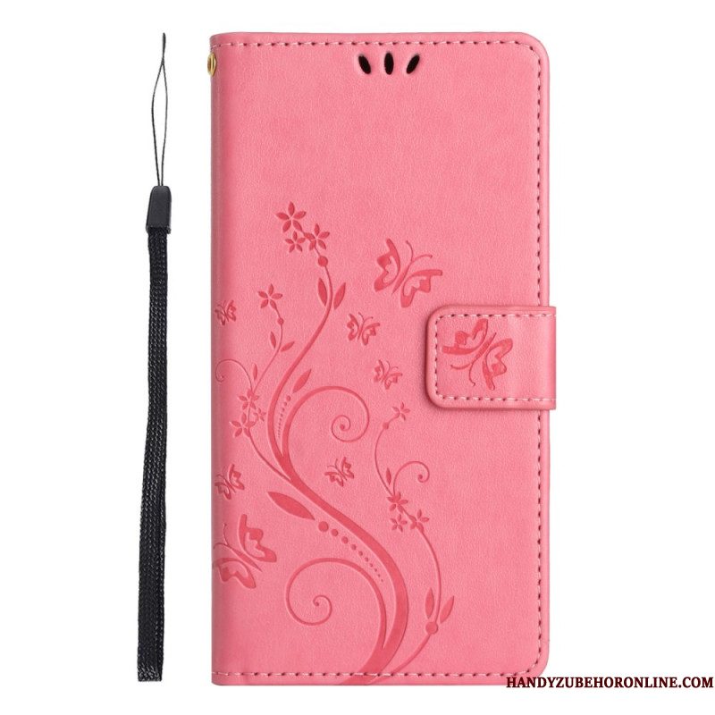 Leren Hoesje Xiaomi Redmi Note 14 Pro 5g Vlinder- En Bloemenprint Bescherming Hoesje